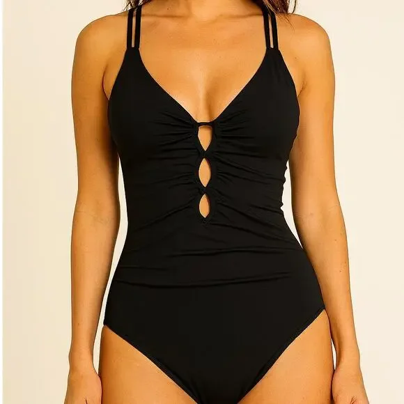 La Blanca Island Goddess Underwire Lace-Up One-Piece Swimsuit Sz 4 Black - Picture 1 of 10